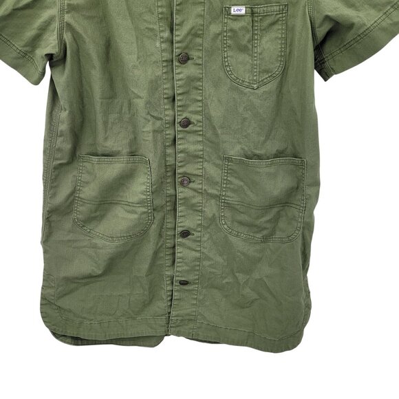 Vtg Lee Workwear Army Green Pinafore Denim Utility Shirt Dress Sz L Boilersuit - Picture 10 of 12